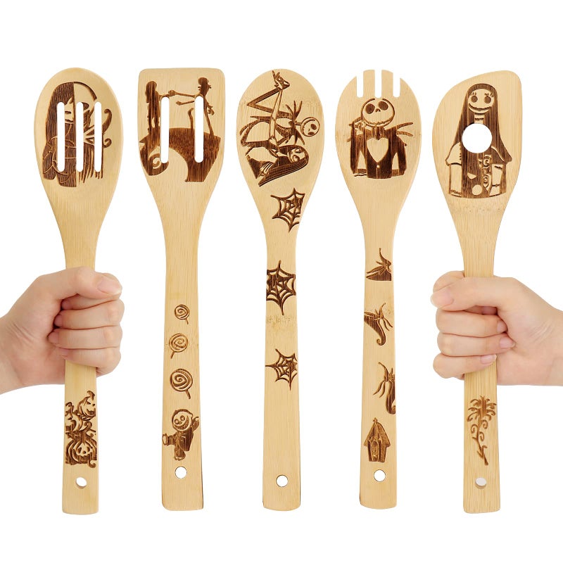 FUTERLY Nightmare Before Christmas Gifts - 5 Pcs Wooden Spoons for Cooking,Halloween Kitchen Utensils Set,Cooking Utensils set for Halloween Decor - Image 1